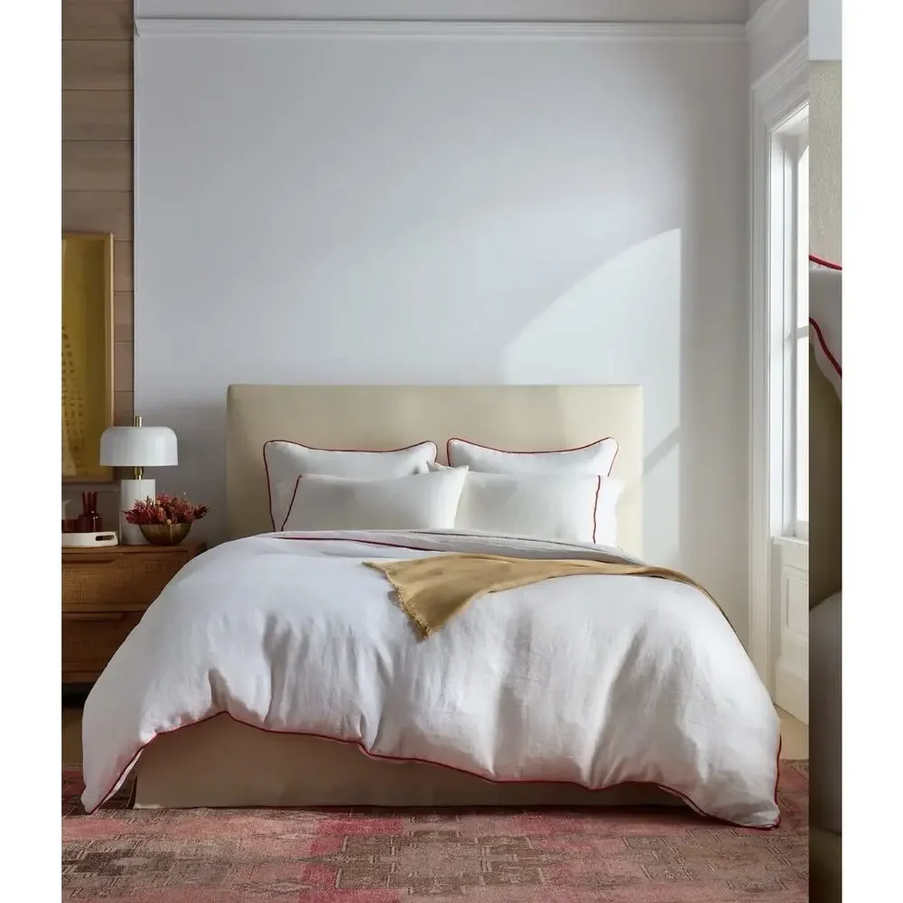 Quince European Linen Piped Duvet Cover Full Queen White Cherry NWOT Linen